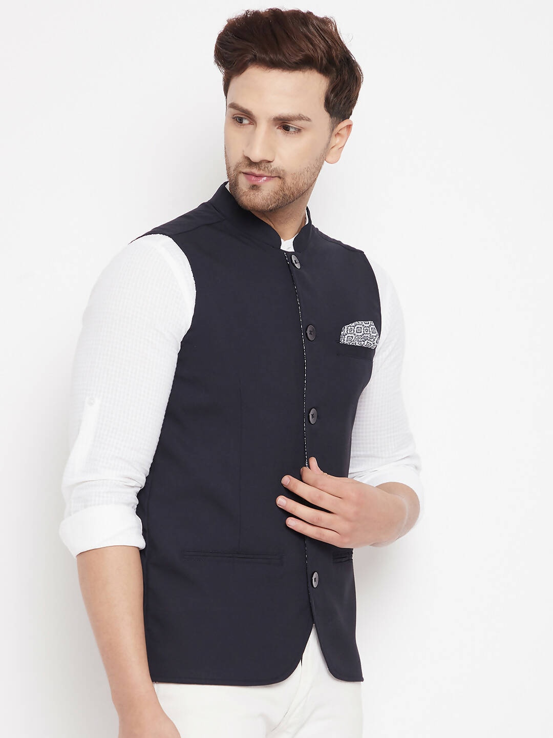 Even Apparels Navy Merino Men's Nehru Jacket-Contrast Lining-Inbuilt Pocket Square - Distacart