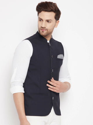 Even Apparels Navy Merino Men's Nehru Jacket-Contrast Lining-Inbuilt Pocket Square - Distacart