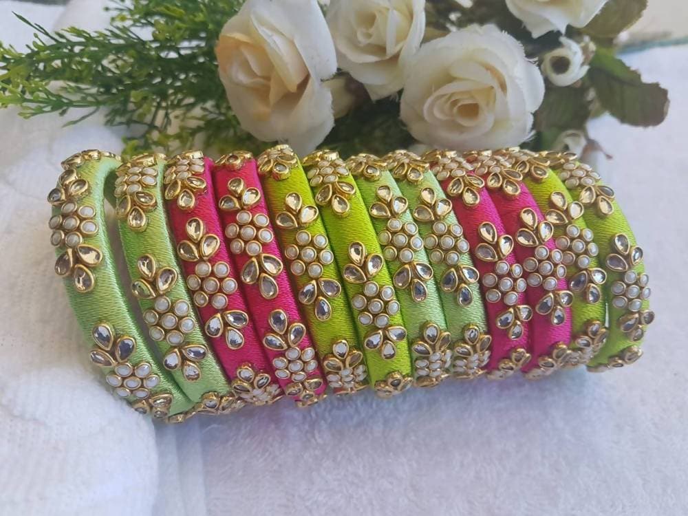 Multi colors Silk Threaded Pearl Stone Bangles Sets