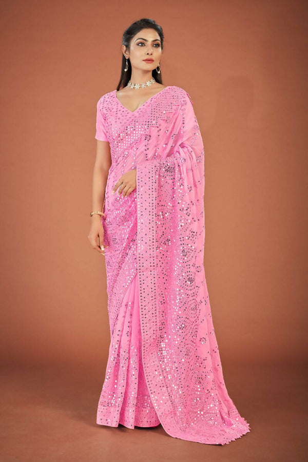 Vastrasky Pink Georgette Designer Saree - Distacart