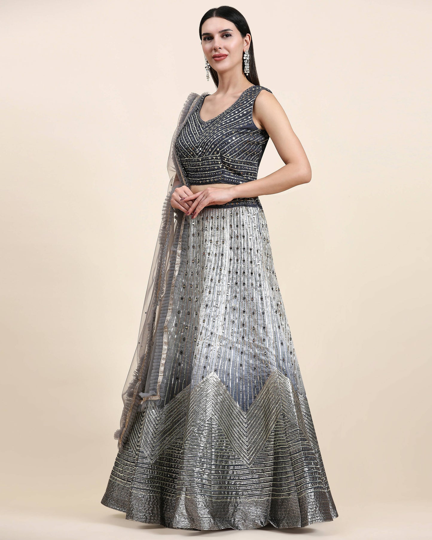 Grey Organza Mirror With Coding Work Lehenga Choli with Dupatta - Tanya - Distacart