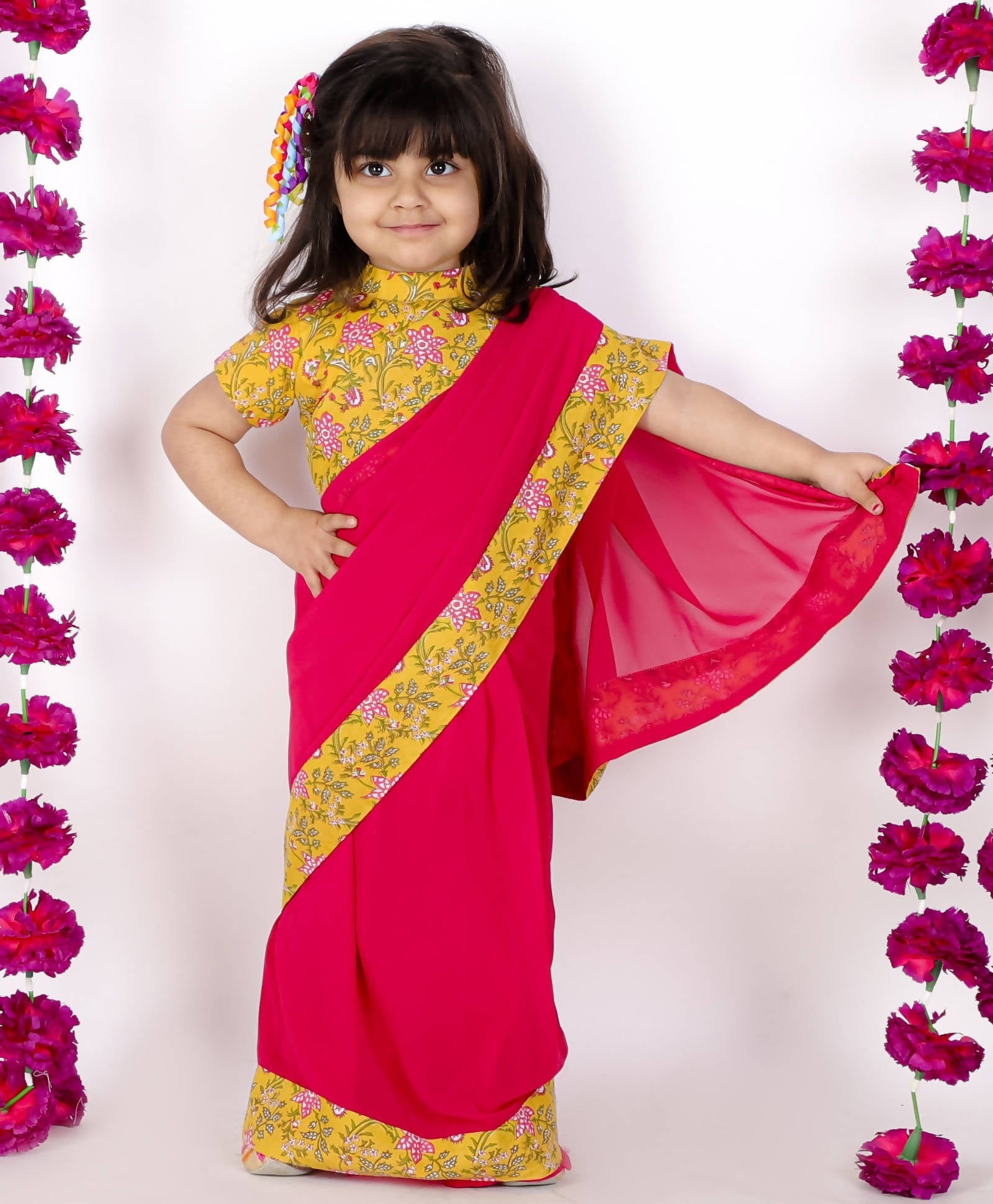 Little Bansi Yellow and Magenta Red Saree with Floral Blouse - Distacart