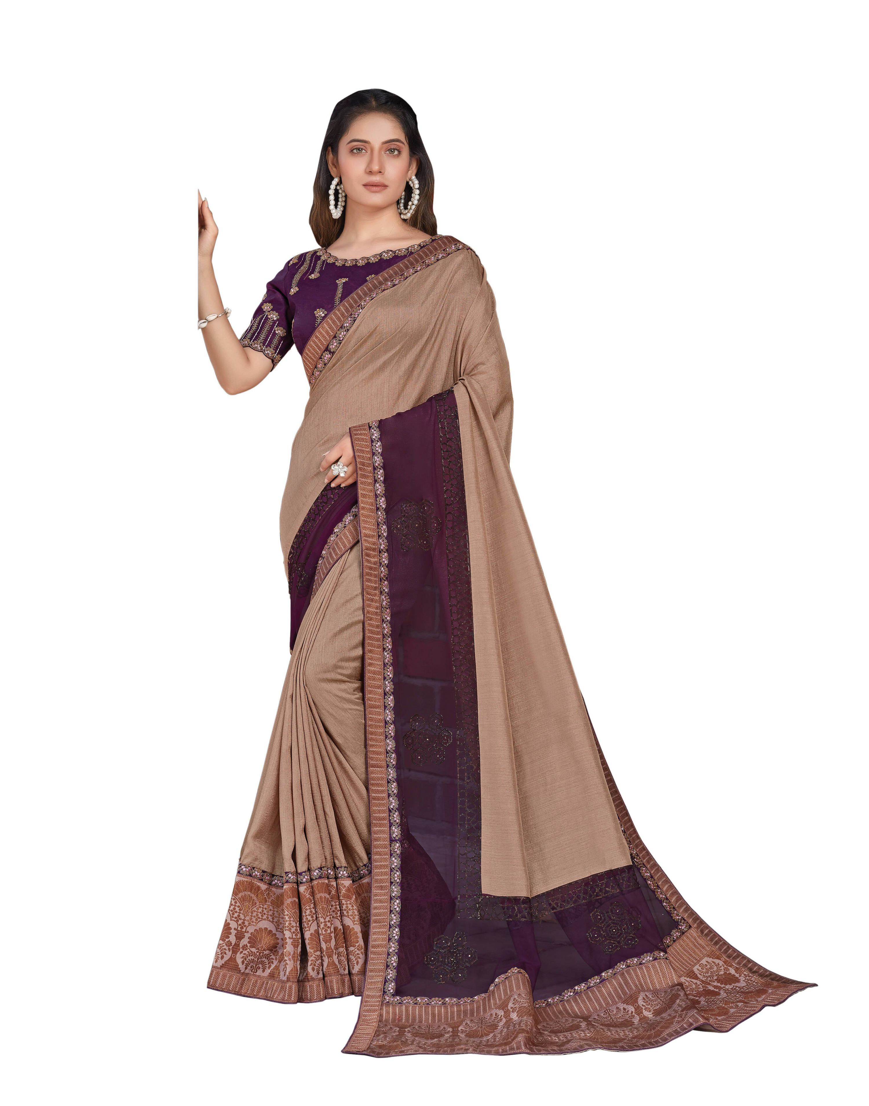Beige, Purple Colored Tussar Silk Embroidered Saree With Blouse - Norita Royal Adveka - Distacart