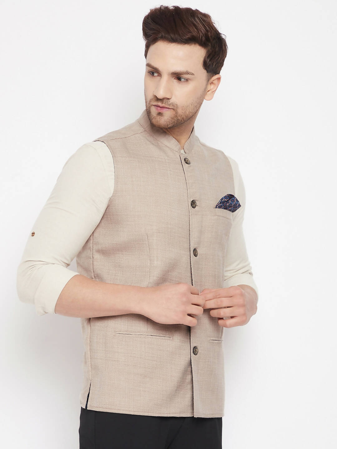 Even Apparels Cream Linen Men's Nehru Jacket-Contrast Lining-Inbuilt Pocket Square - Distacart