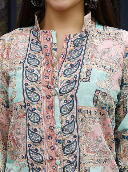 Pink & Blue Rayon Paisley Printed Top with Matching Bottom - Eesha - Distacart