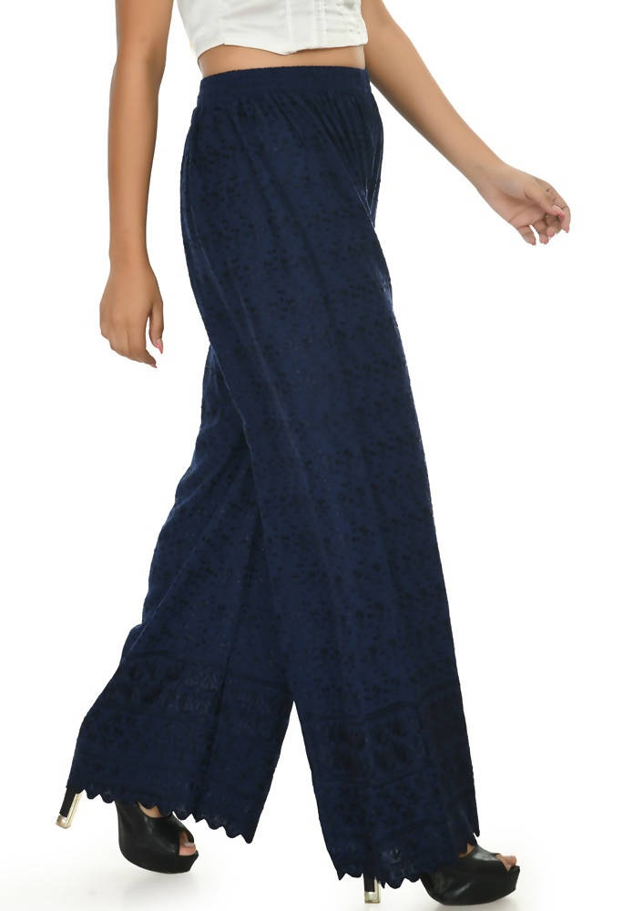 Mominos Fashion Moeza Reyon Cotton Navy Blue Chikan Work Palazzo
