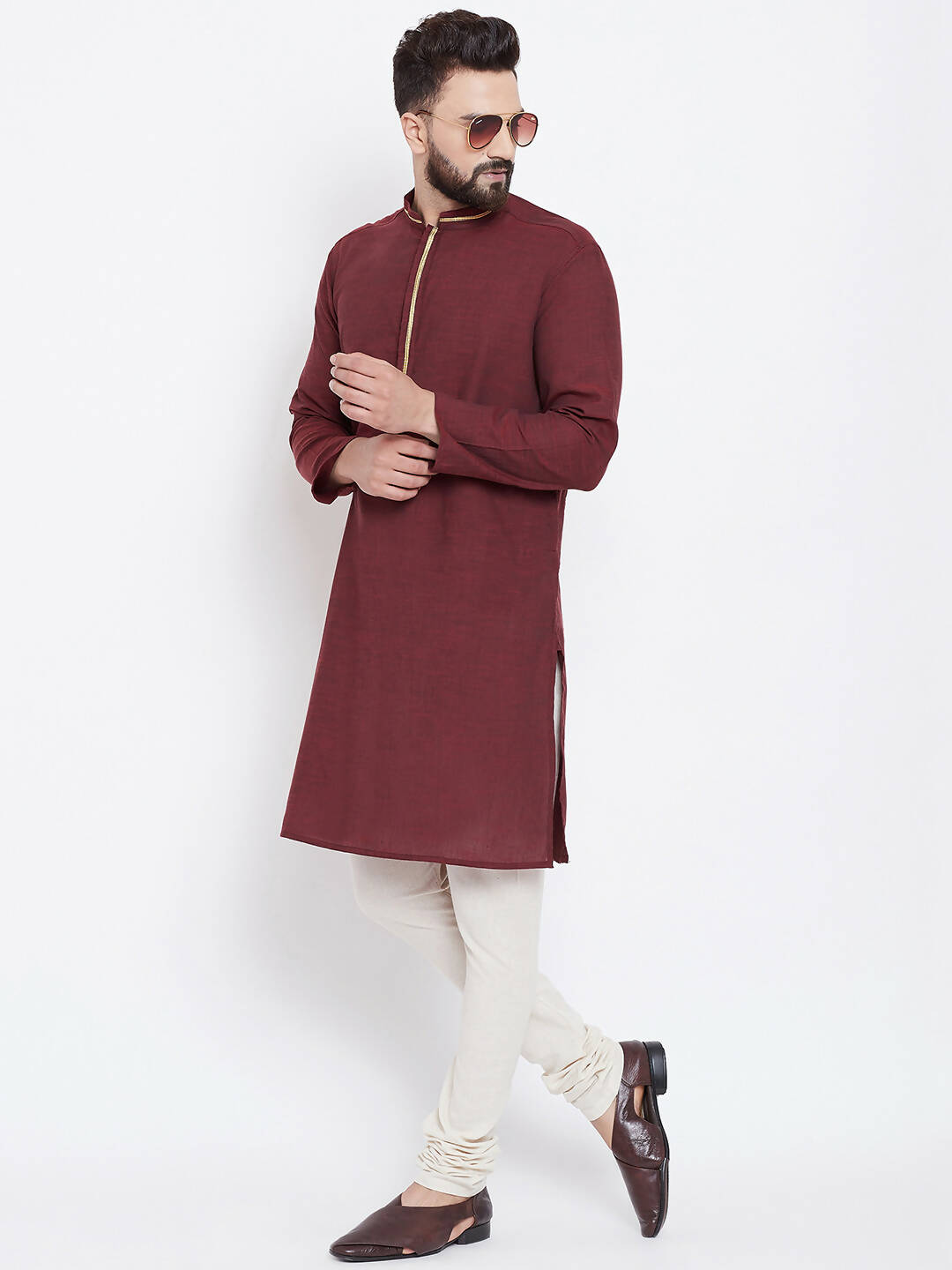 Even Apparels Maroon Pure Cotton Men's Kurta With Band Collar - Distacart