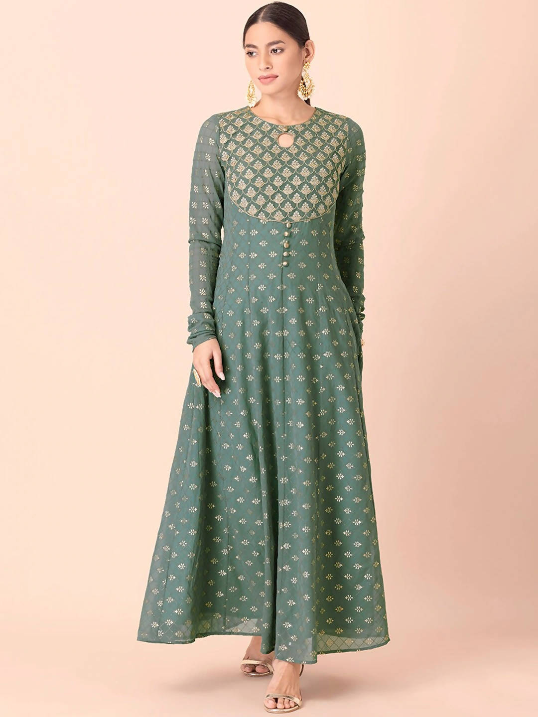 Indya Green & Gold-Toned Ethnic Motifs Printed Georgette Anarkali Kurta - Distacart