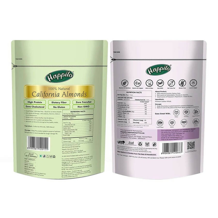 Happilo Premium Nuts Combo (Premium Whole Cashews & Californian Almonds) - Distacart