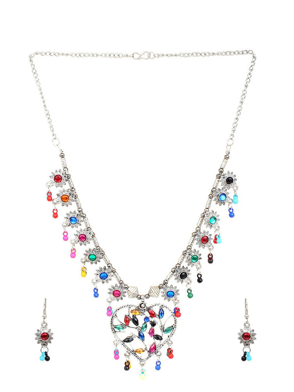 Cardinal Multi-Colored Heart Oxidised Long Jewellery Set - Distacart