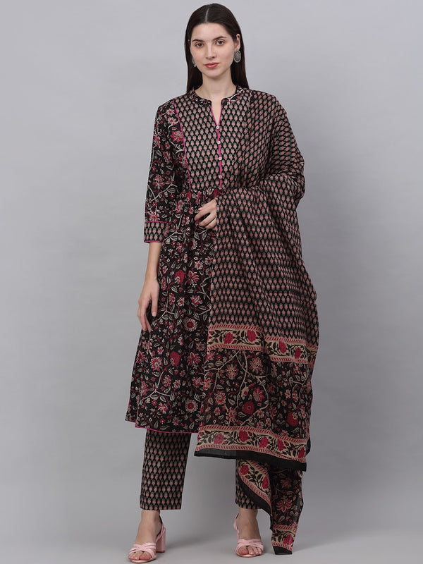 Kalini Women Floral Printed Pleated Pure Cotton Kurti with Trousers & With Dupatta - Distacart