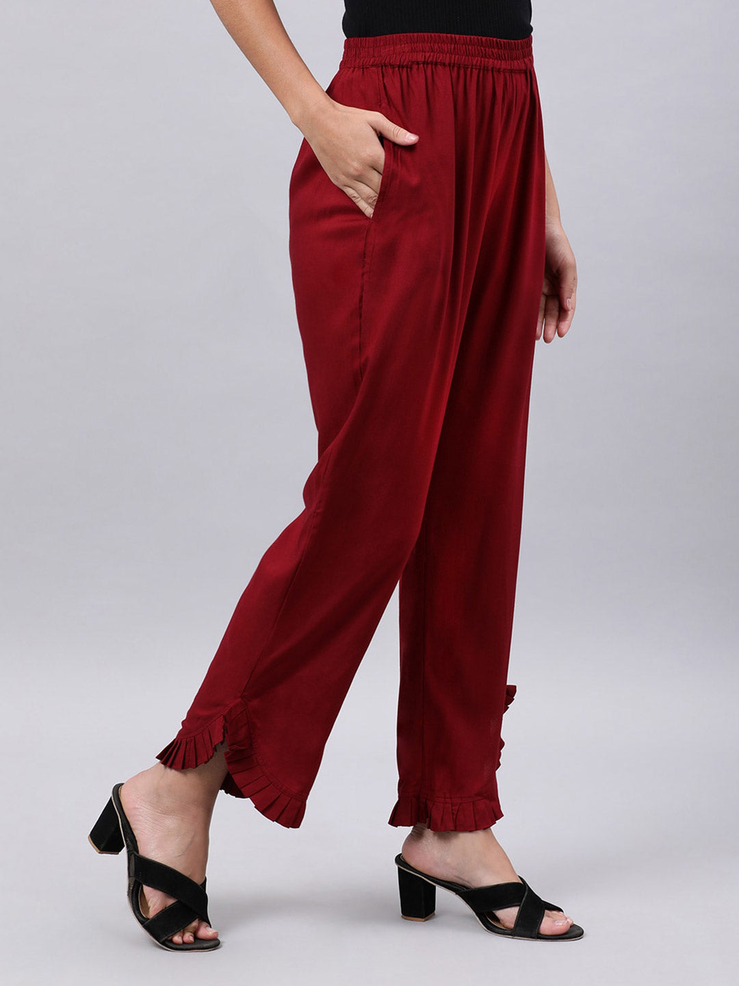 Souchii Women Maroon Solid Pleated Ruffled Liva Palazzos - Distacart