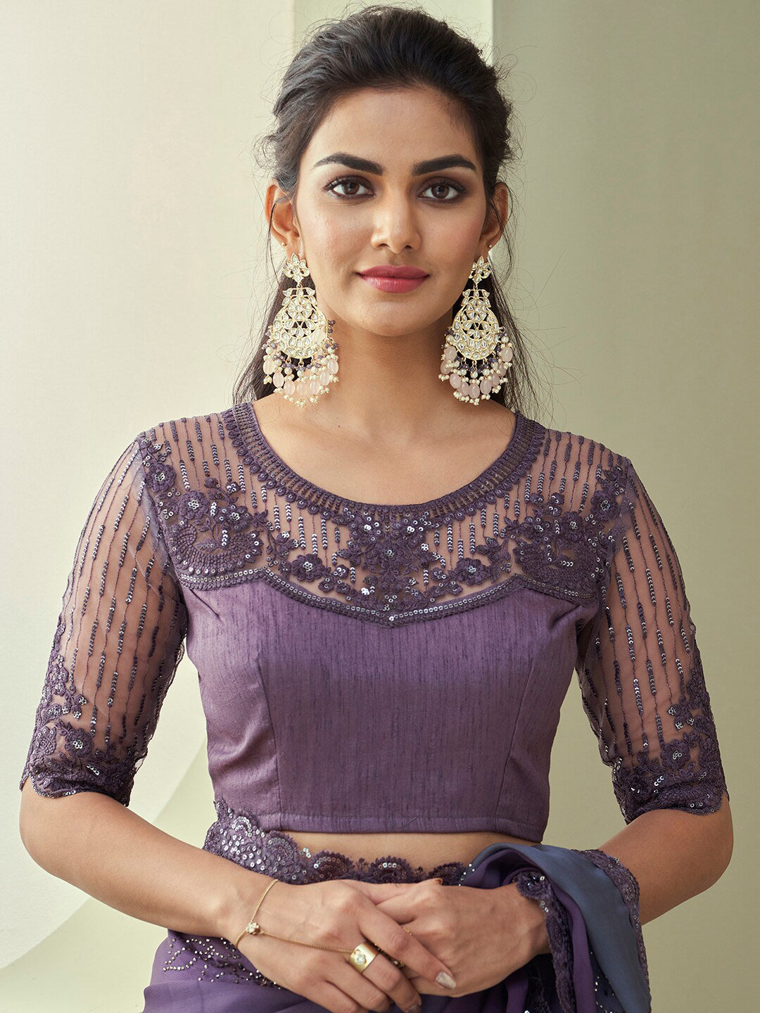 Mitera Violet & Grey Embellished Pure Georgette Saree - Distacart