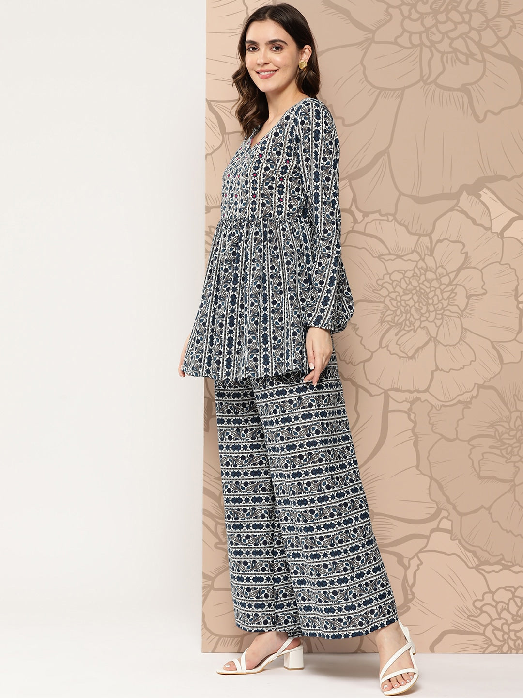 Kalini Women Floral Printed Empire Pure Cotton Kurti with Palazzos & With Dupatta - Distacart