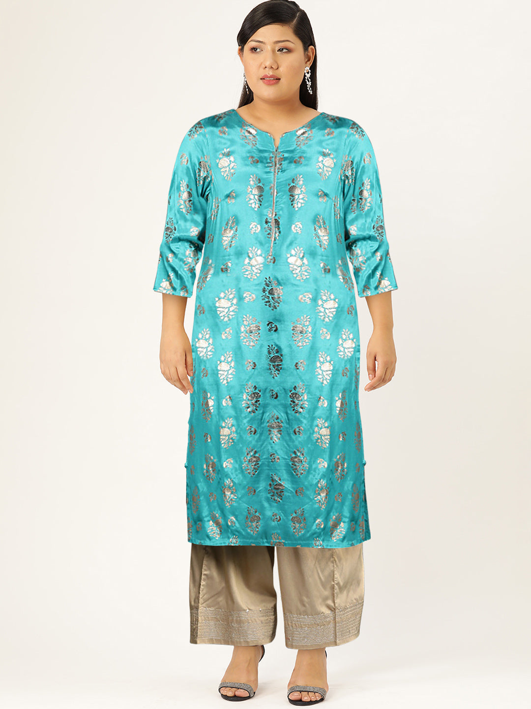 Biba Women Turquoise Blue Ethnic Motifs Foil Printed Keyhole Neck Kurta - Distacart