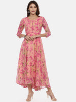 Thumbnail for Souchii Women Pink & Yellow Floral Printed Fit & Flare Dress - Distacart
