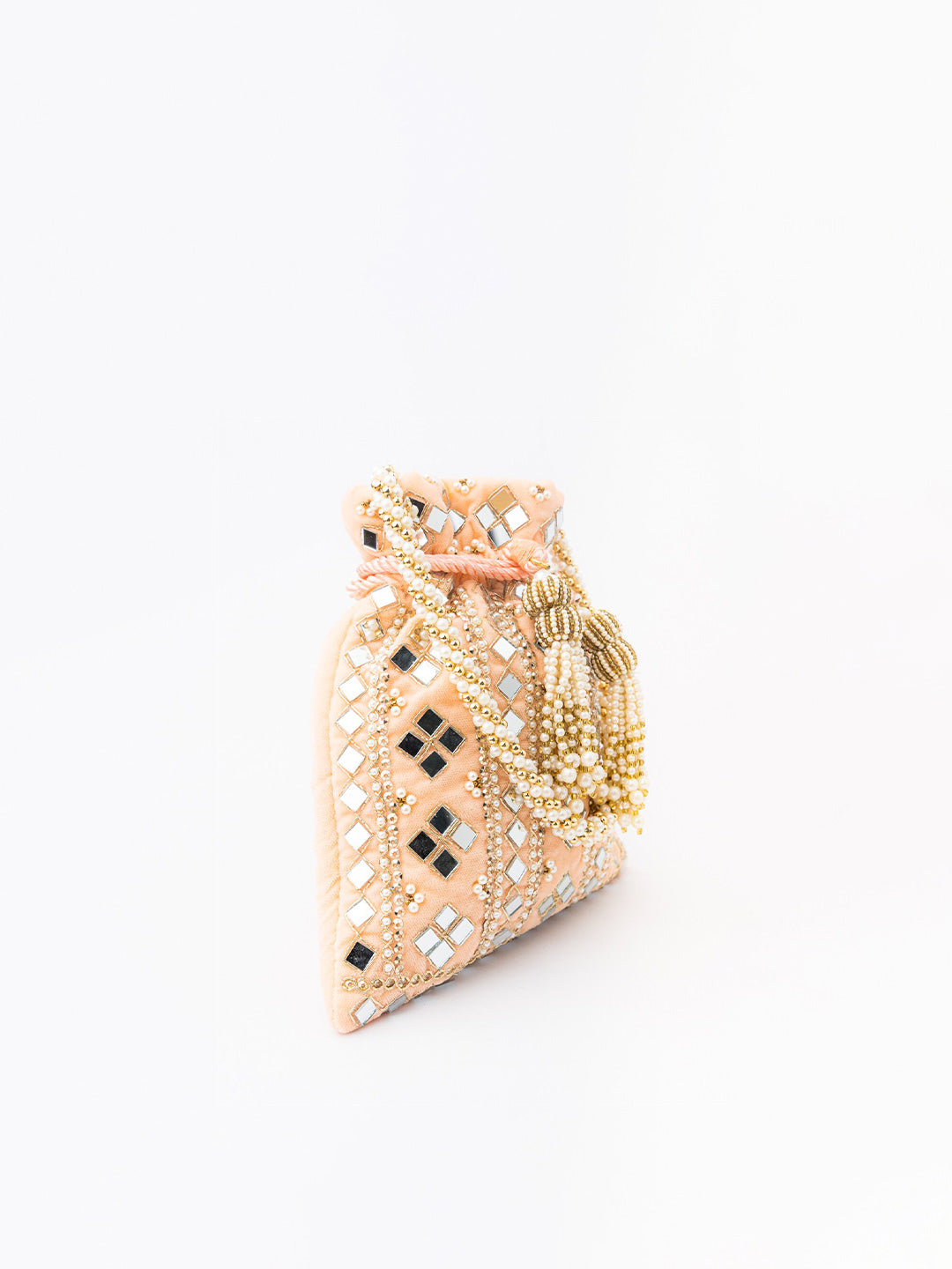 NR By Nidhi Rathi Peach-Coloured & White Embroidered Potli Clutch - Distacart