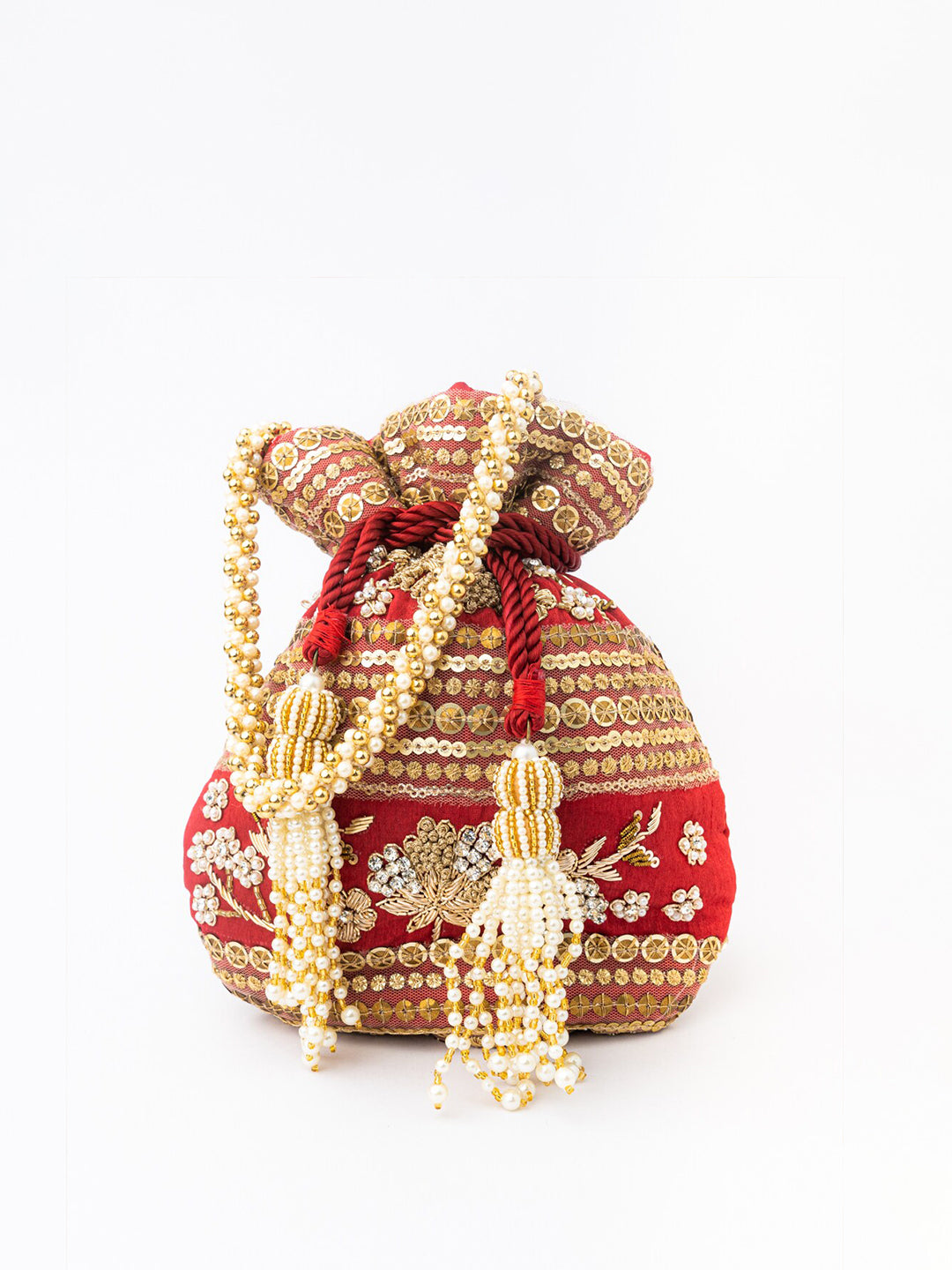 NR By Nidhi Rathi Maroon & Gold-Toned Persia Embroidered Potli Clutch - Distacart