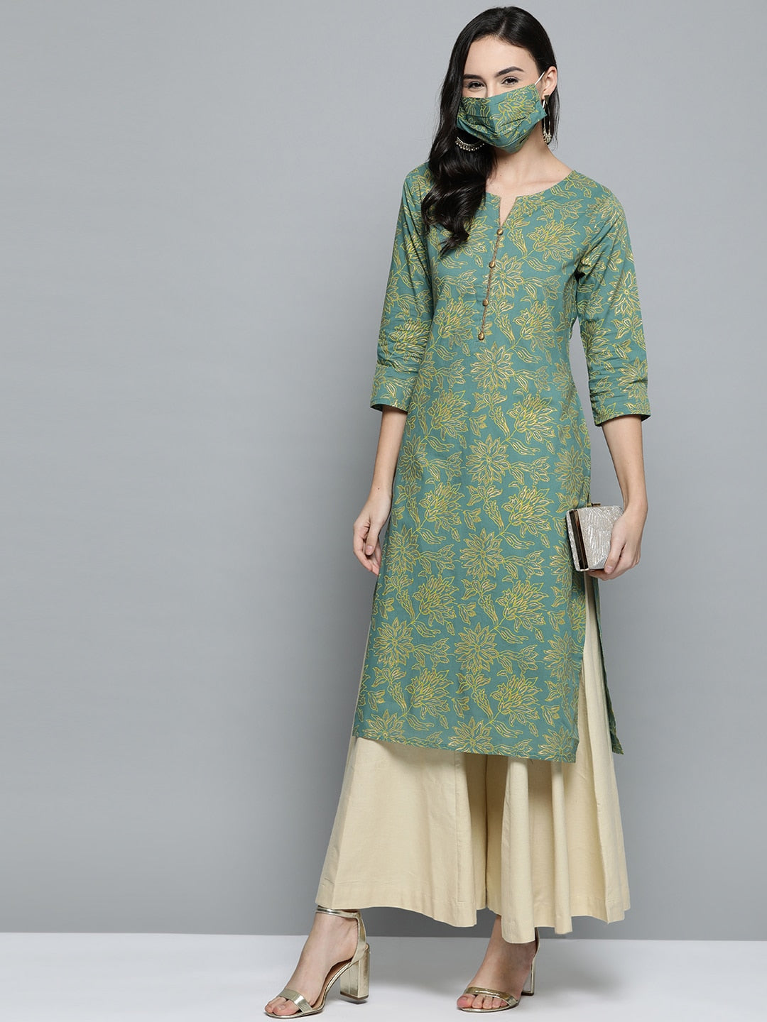 HERE&NOW Women Green & Golden Printed Straight Kurta - Distacart