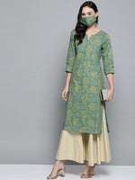 Thumbnail for HERE&NOW Women Green & Golden Printed Straight Kurta - Distacart