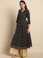 Thumbnail for Janasya Black Ethnic Motif Printed Gotta Patti Anarkali Kurta - Distacart