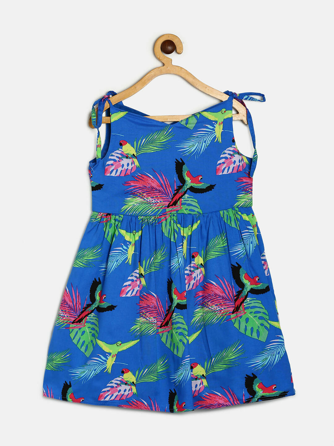 Manet Girls Cotton String Tie Frock Parrot Printed - Blue - Distacart