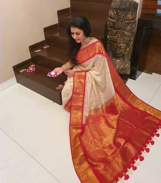 DEIANA'S Beautiful Golden Jari with New Design Soft Lichi Silk Saree - White - Distacart
