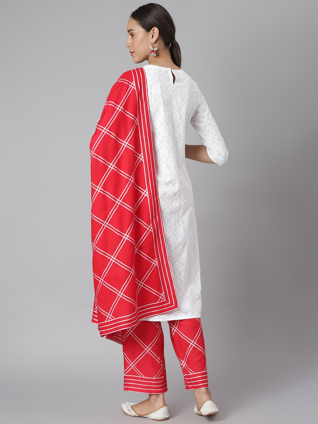 Khushal K Women White & Red Printed Kurta with Palazzos & Dupatta - Distacart
