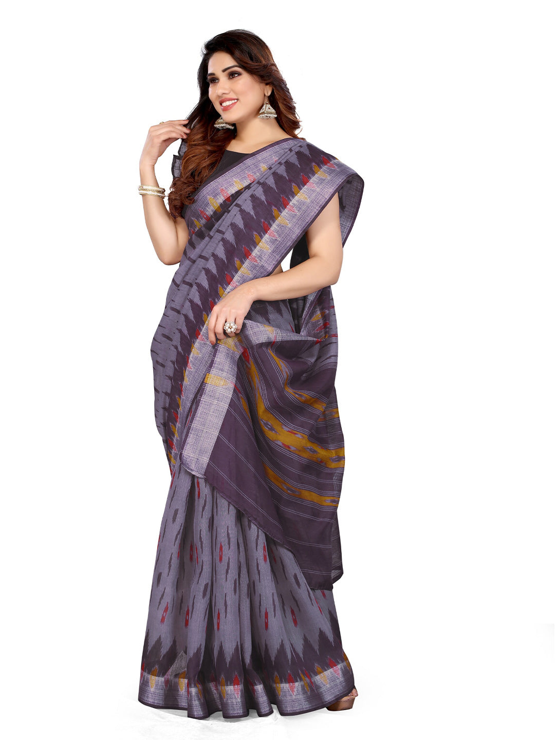 Kalini Purple & Mustard Zari Ikat Saree - Distacart