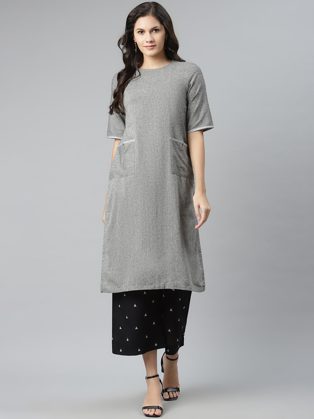 Biba Women Grey Melange & Black Solid Kurta with Palazzos - Distacart