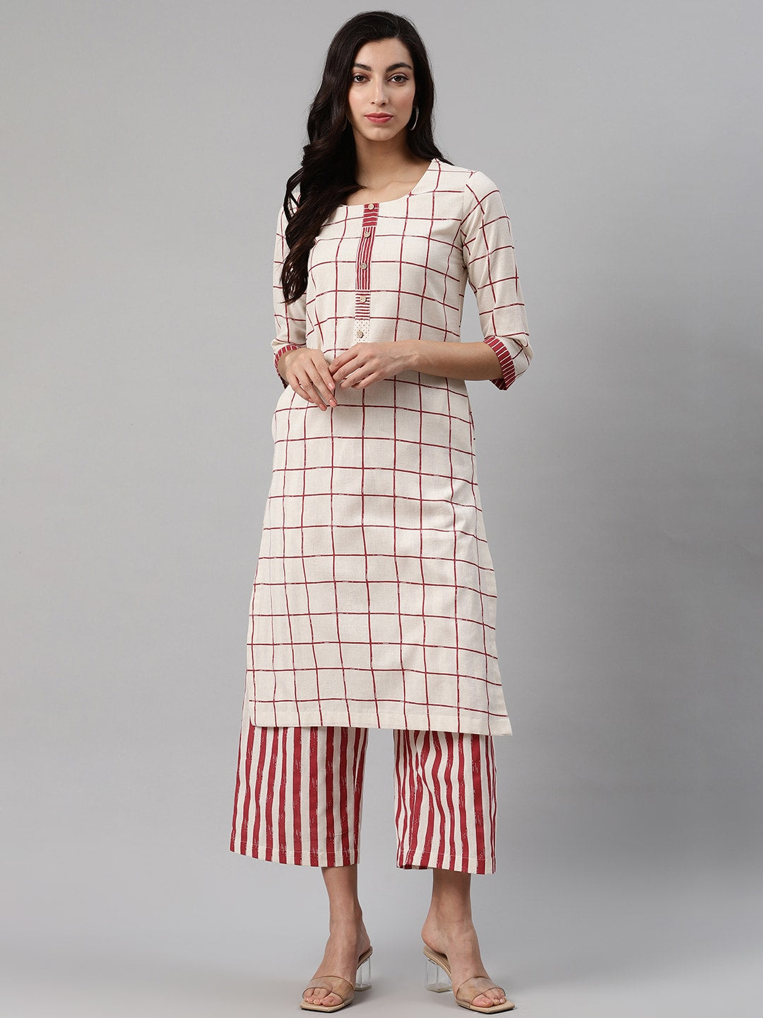 Biba Women Off-White & Maroon Checked Kurta with Palazzos - Distacart