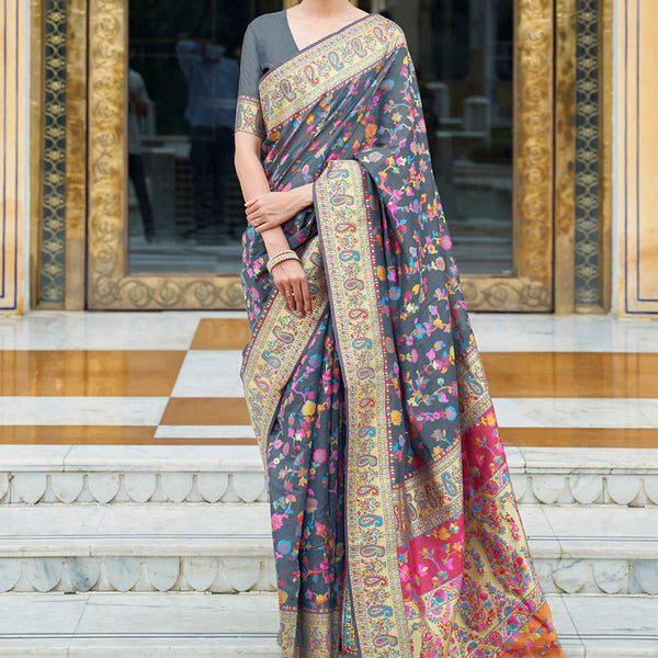 Mitera Grey & Pink Floral Silk Blend Banarasi Saree - Distacart