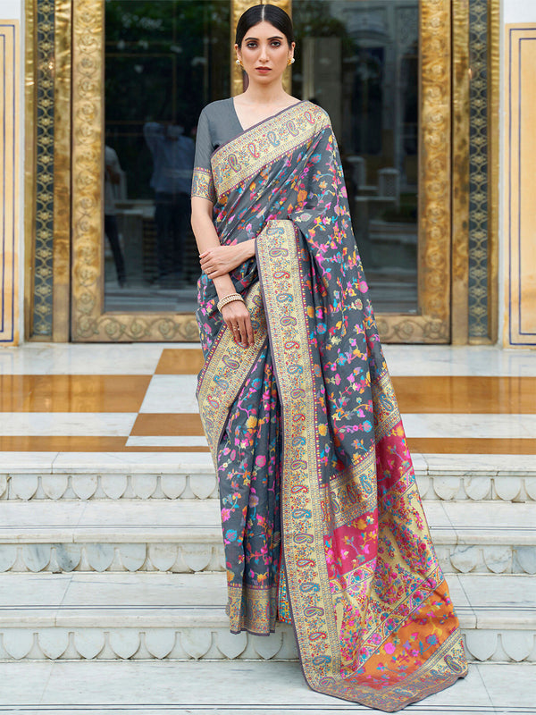 Mitera Grey & Pink Floral Silk Blend Banarasi Saree - Distacart