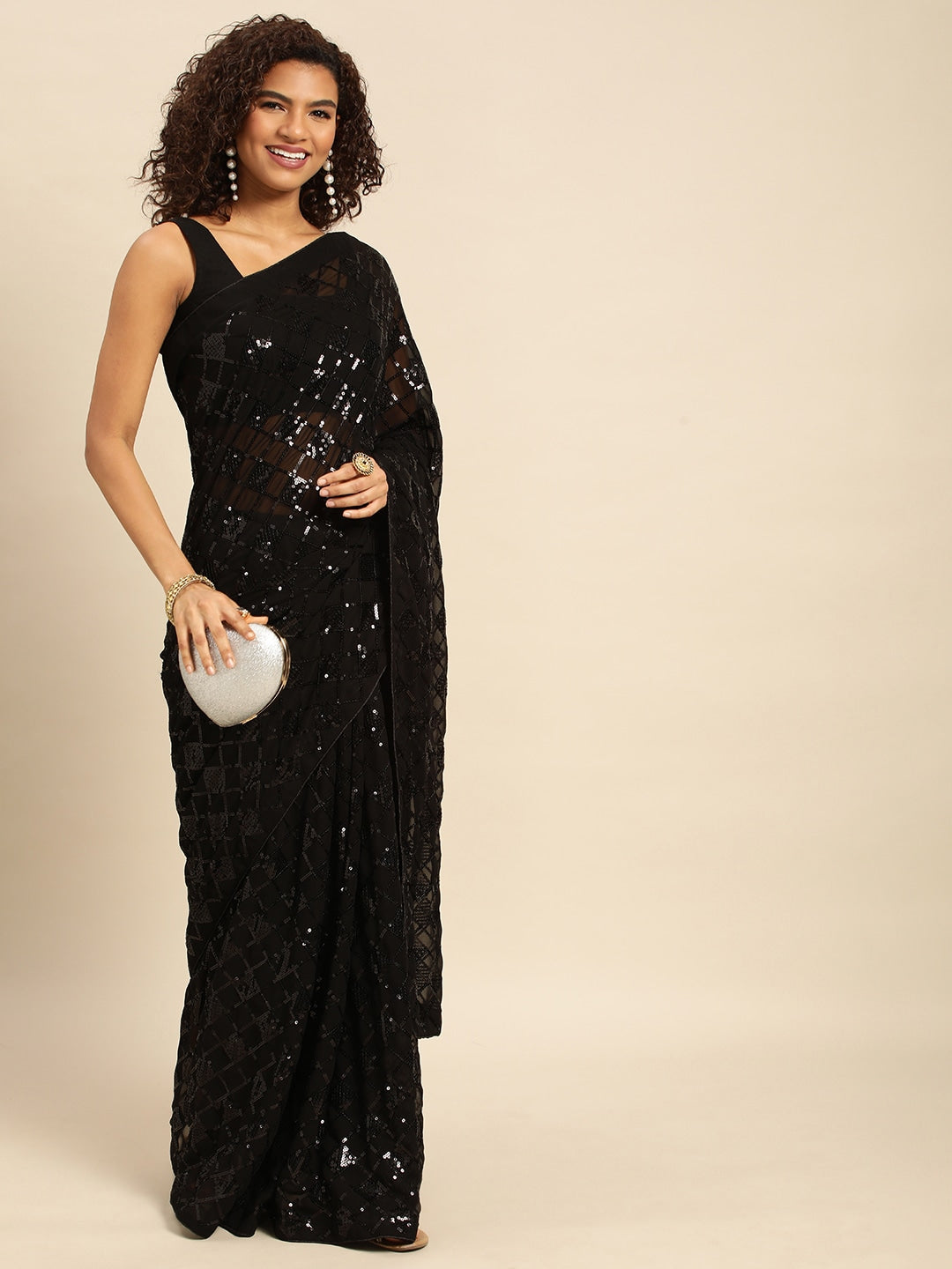 Mitera Checked Embellished Sequinned Heavy Work Saree - Distacart