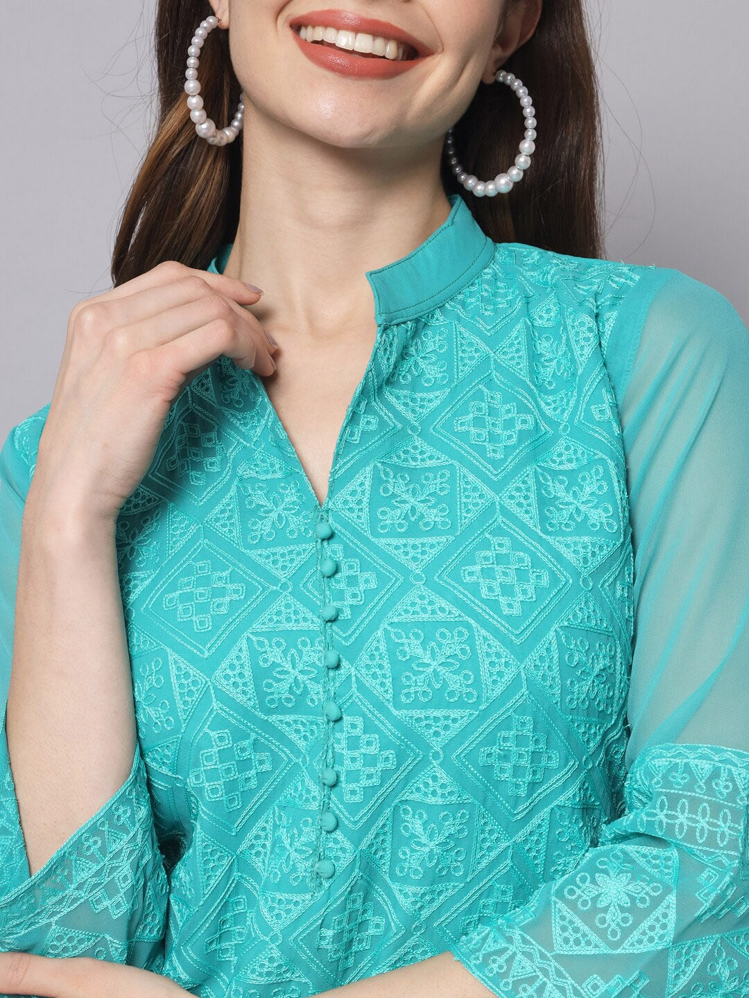 HERE&NOW Women Turquoise Blue Ethnic Motifs Embroidered Thread Work Georgette Kurta - Distacart