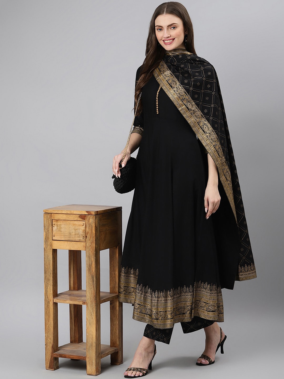 Khushal K Women Black Ethnic Motifs Printed Kurta with Palazzos & With Dupatta - Distacart