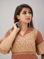 Thumbnail for HERE&NOW Maroon & Beige Ethnic Motifs Printed Shirt Collar Kurta with Trousers - Distacart