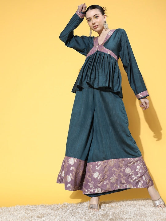 InWeave Women's Teal Mauve Brocade Mughal Shaan Kurta Palazzo Set - Distacart