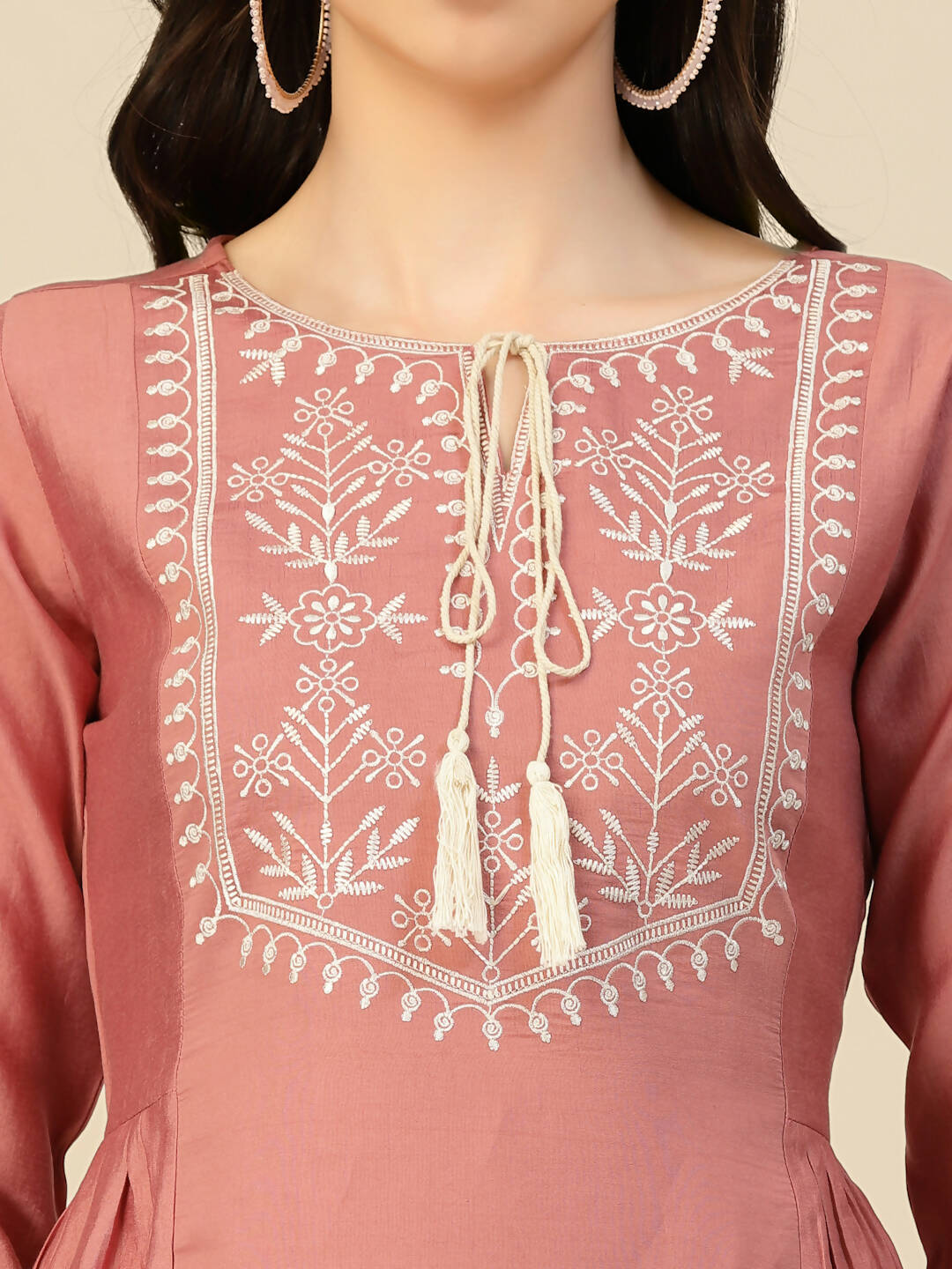 Peach Chinon Slub Floral Embroidered Top - Zeny - Distacart