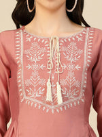 Thumbnail for Peach Chinon Slub Floral Embroidered Top - Zeny - Distacart