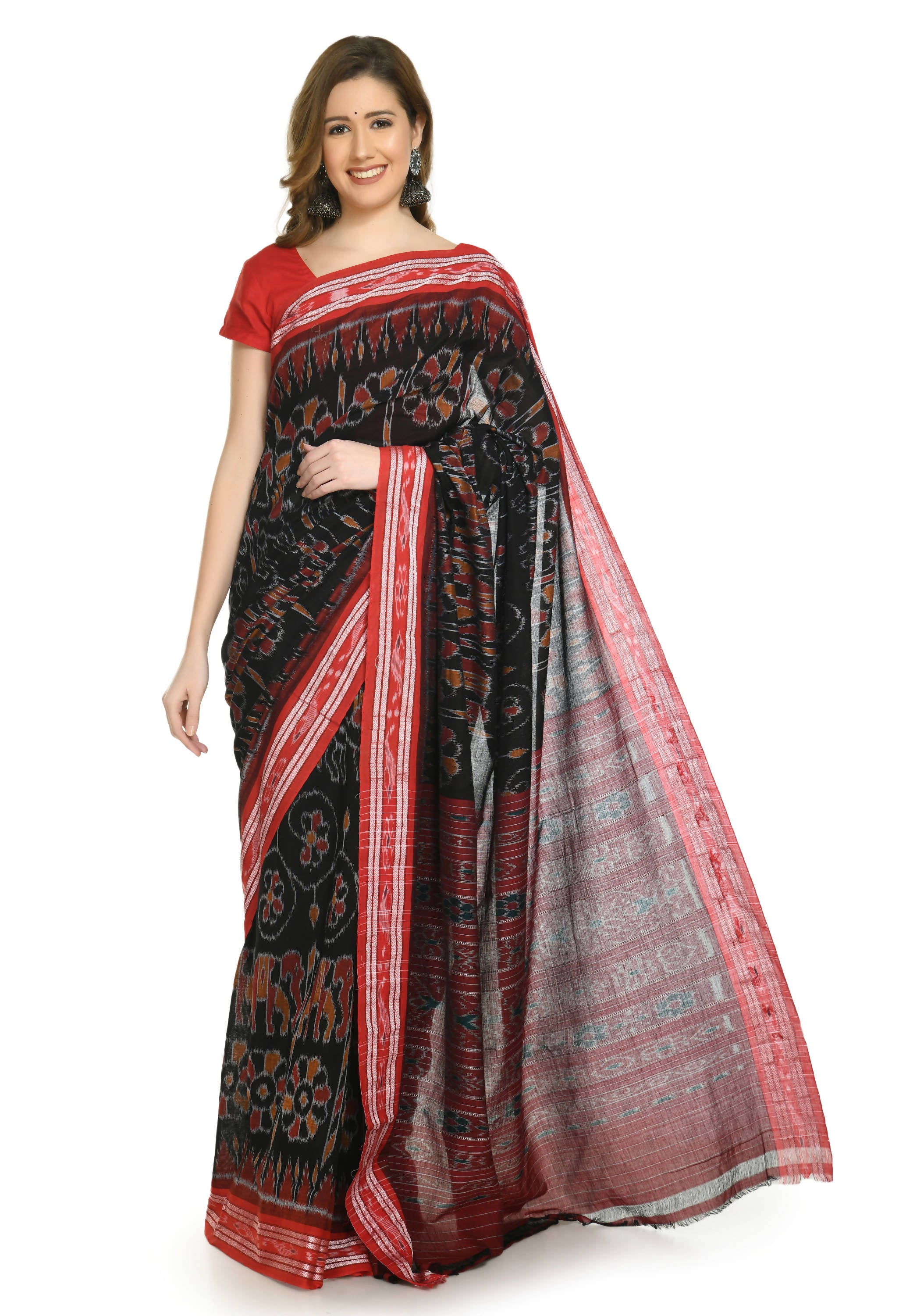 Vamika Sambalpuri Ikat Cotton Dehabandha Tribal Maroon & Orange Saree - Distacart