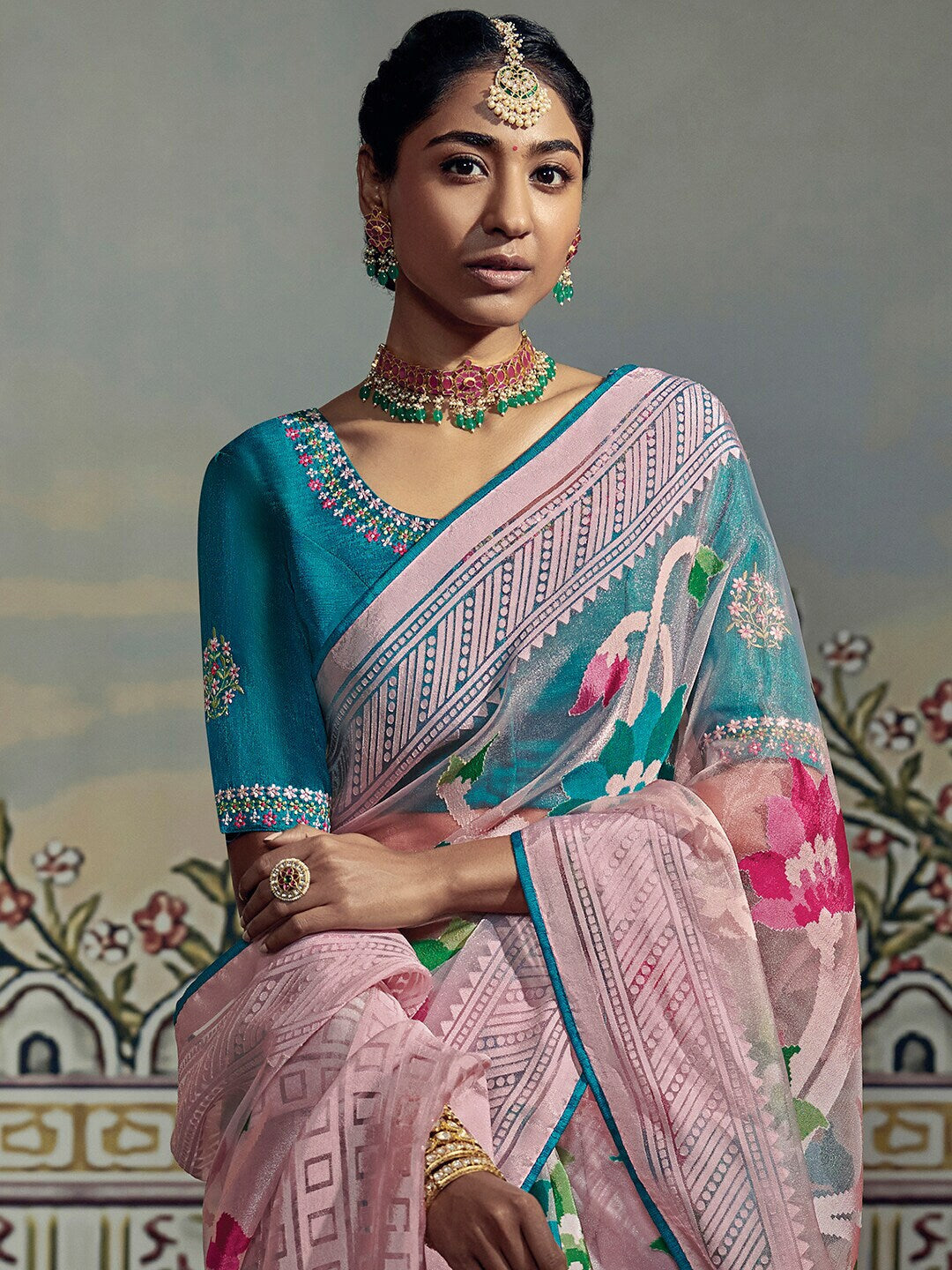 Mitera Pink & Blue Woven Design Brasso Chanderi Saree - Distacart