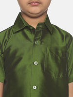 Thumbnail for Sethukrishna Boys Green Shirt & Cream-Coloured & Zari Border Veshti Set - Distacart