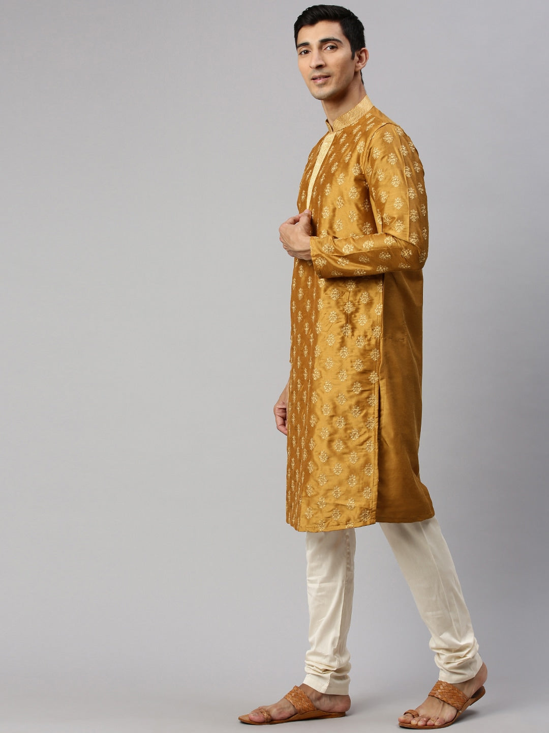 Manyavar Men Mustard Yellow & Gold-Toned Embroidered Kurta with Churidar - Distacart