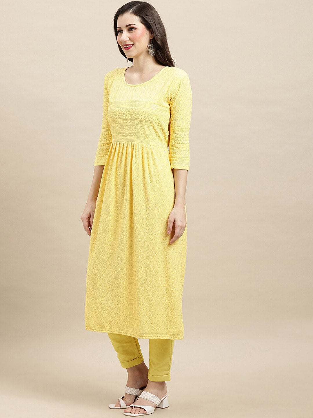 Sangria Yellow Ethnic Motifs Embroidered Chikankari A-Line Kurta - Distacart