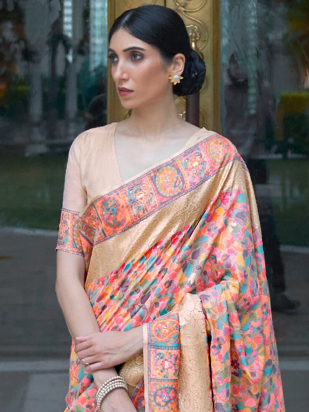 Mitera Peach-Coloured & Blue Woven Design Silk Blend Banarasi Saree - Distacart