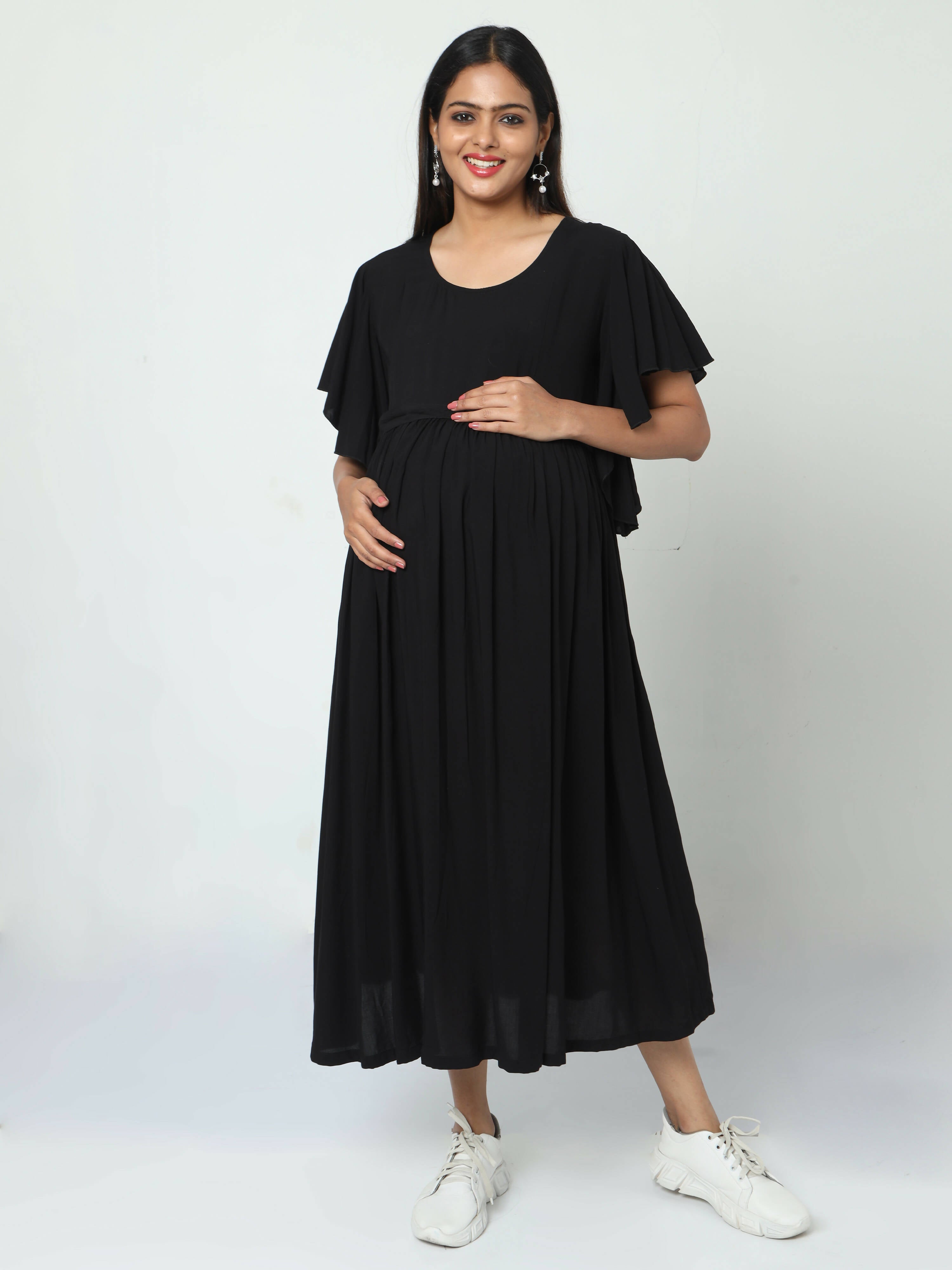 Manet Maternity Frill Slevee Solid Dress With Concealed Zipper Nursing Access - Black - Distacart