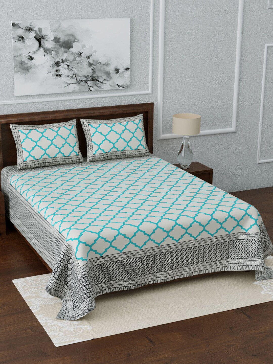 LIVING ROOTS White & Blue Printed 210 TC 1 King Jaipuri Bedsheet With 2 Pillow Covers - Distacart