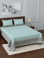 Thumbnail for LIVING ROOTS White & Blue Printed 210 TC 1 King Jaipuri Bedsheet With 2 Pillow Covers - Distacart