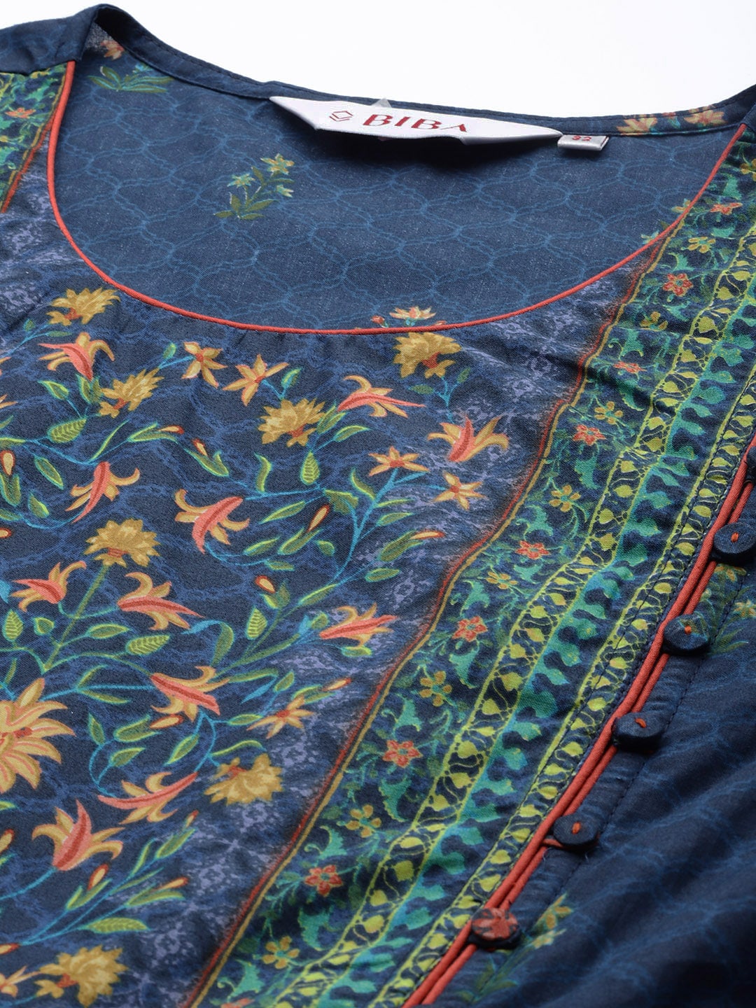 Biba Women Navy Blue & Green Ethnic Motifs Printed Front Slit A-Line Kurta - Distacart